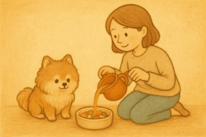 食器に盛られた手作りごはんに、飼い主の女性がボーンブロスを注ぎ入れる様子を描いたイラスト。そばにちょこんと座ったポメラニアンが、楽しみに待っている姿が印象的です。