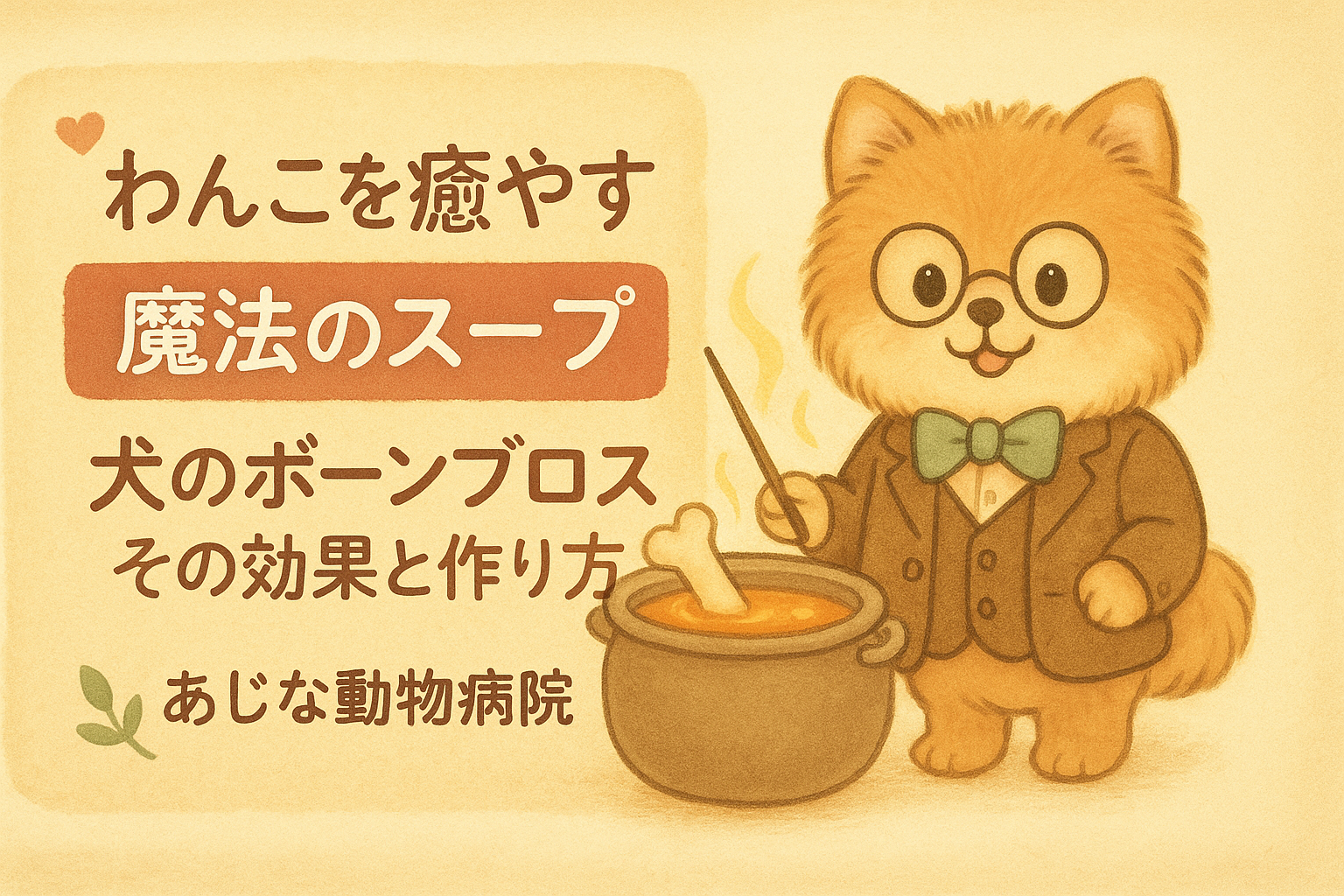 ボーンブロスを紹介するスーツ姿の犬のイラストと「わんこを癒やす魔法のスープ」というタイトル
