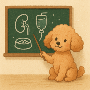 腎臓の病気について黒板を使って説明するトイプードル風の木の指し棒を持った犬