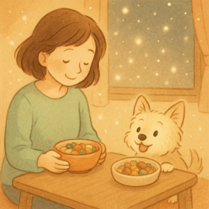 雪のような光に包まれて、犬と飼い主さんが手作りの食事の入ったお皿を食卓の上で一緒に囲む画像
