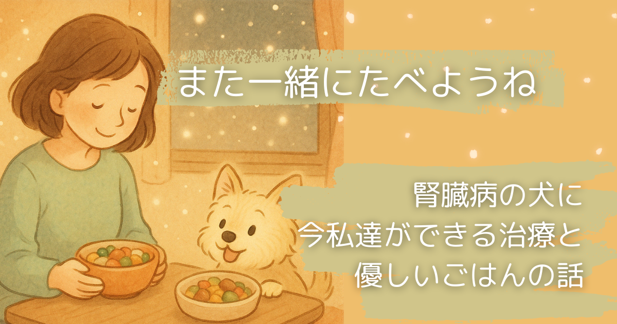 飼い主と一緒に手作りのっ食事をとる腎臓の悪いワンちゃん