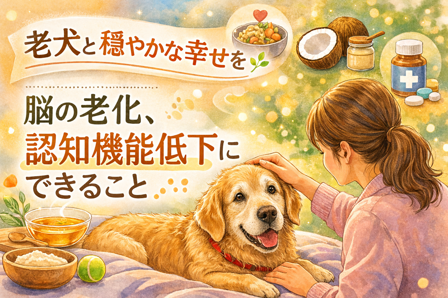 老犬を優しく撫でる飼い主とゴールデンレトリバー。脳の老化と認知機能低下に対する食事とケア(ボーンブロス・ココナッツオイル・サプリ)をイメージしたイラスト