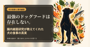 黒い犬のシルエットを中心に、魚・野菜・ヨーグルト・ボーンブロスなど多様な食材が広がる犬の食事と腸内細菌の記事アイキャッチ